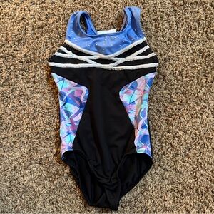 Danskin Blue and Black leotard with Patterned Accents